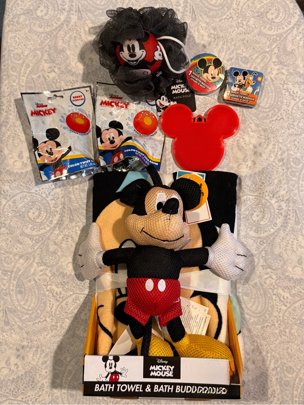 Mickey Mouse Bath Towel w/ Buddy, a bath pouf, scrubber, washcloths, bath bombs